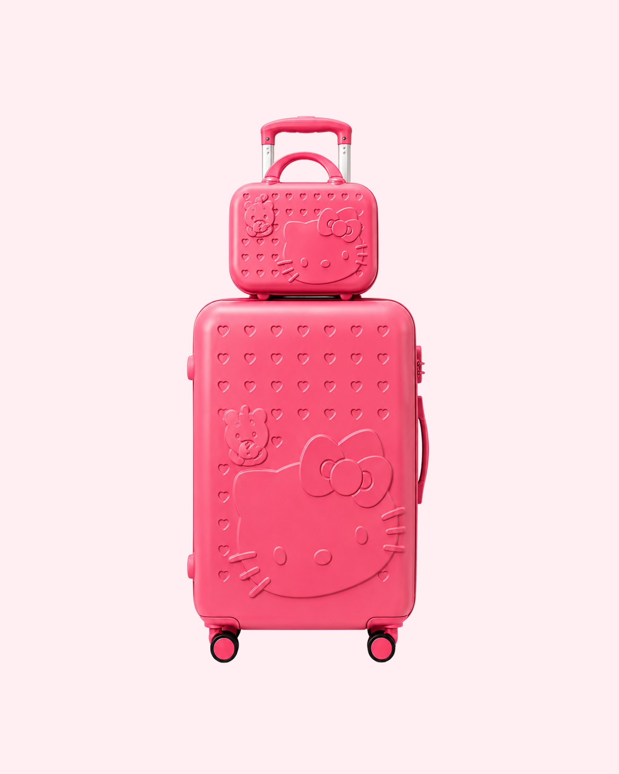 Aesthetic hearts embossed hot magenta Hello Kitty cabin suitcase with matching mini vanity travel bag set