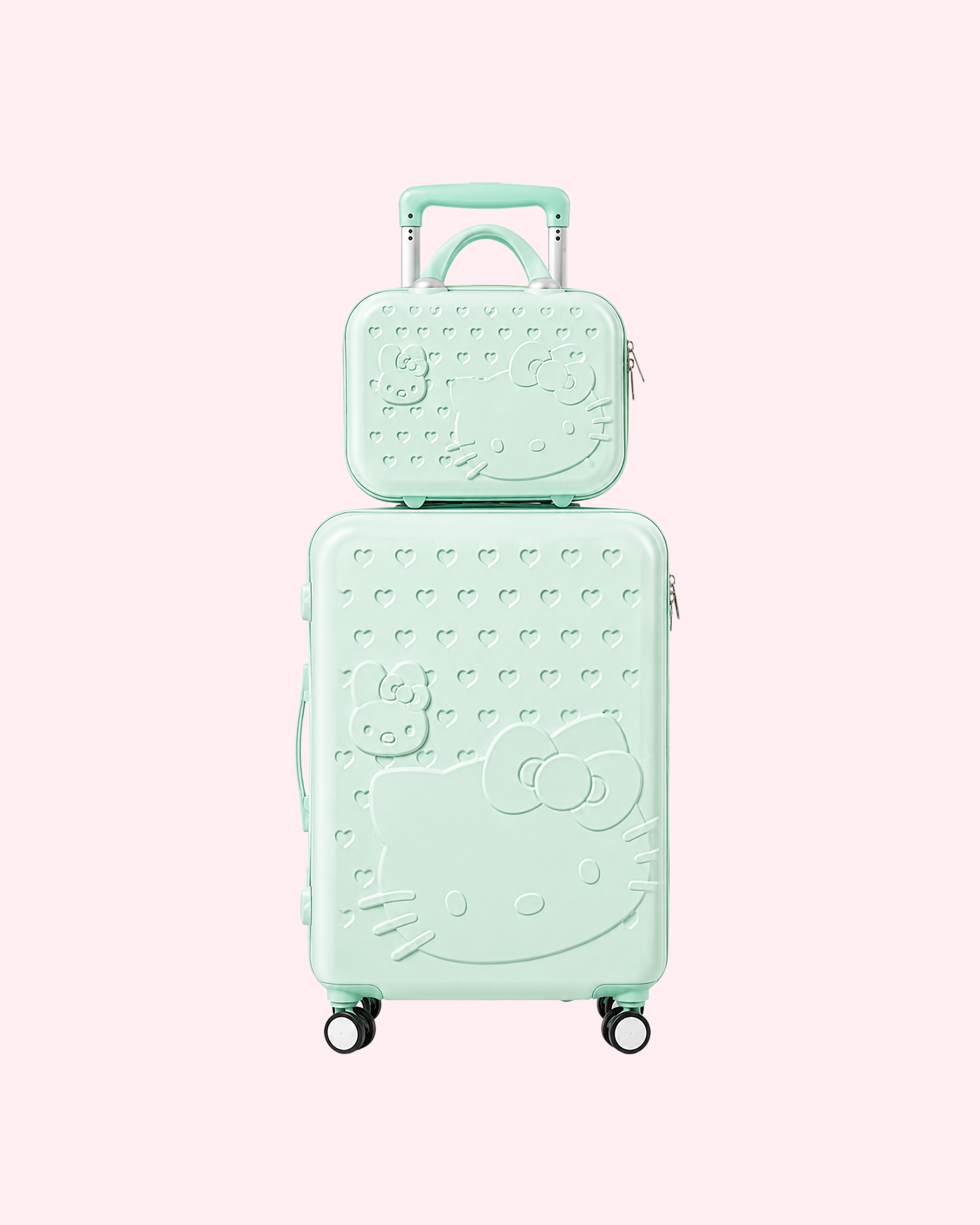 Aesthetic hearts embossed matcha green Hello Kitty cabin suitcase with matching mini vanity travel bag set