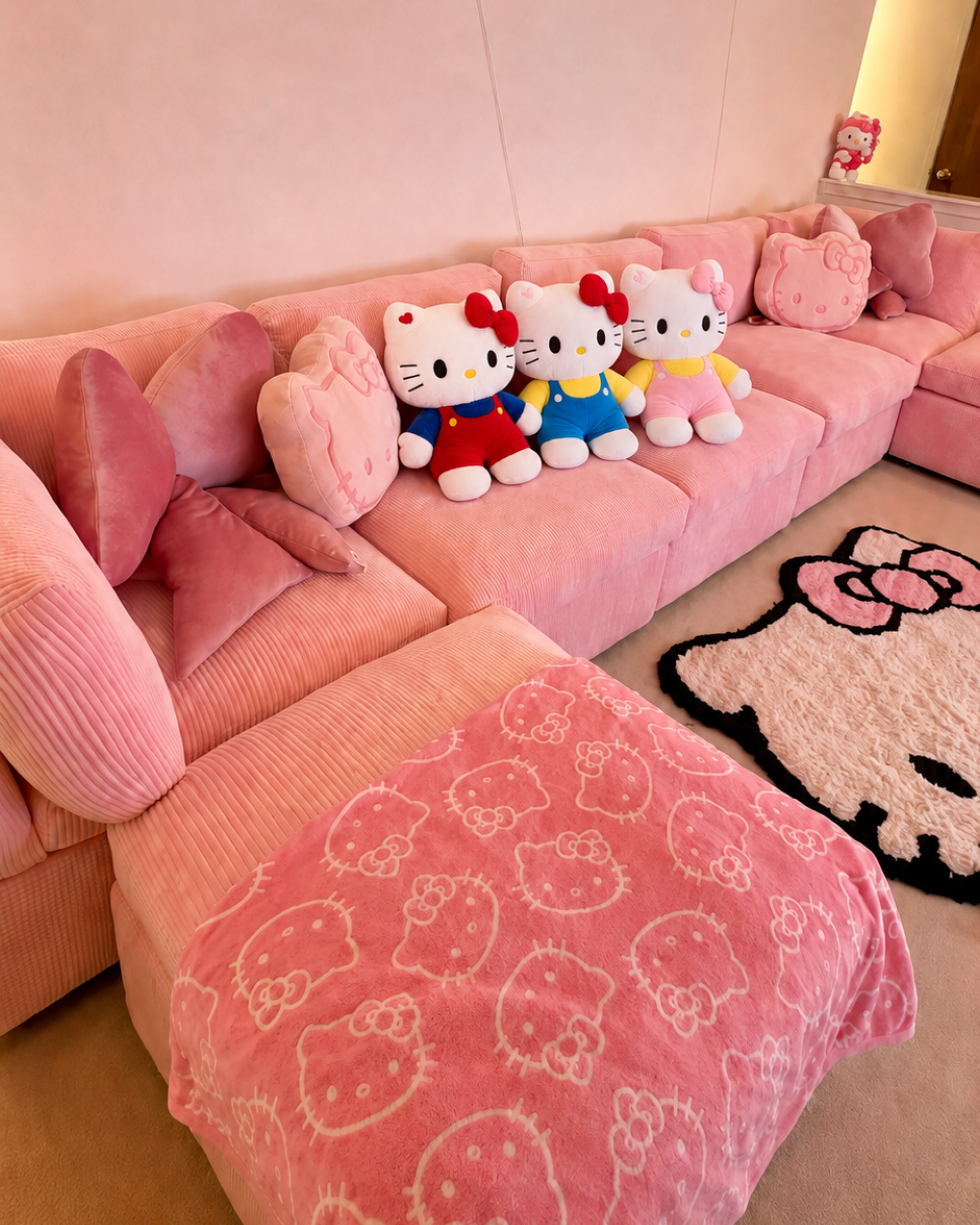 Cute Hello Kitty 20 cm plush in pink overalls and yellow sleeves for gifts and pastel room decor