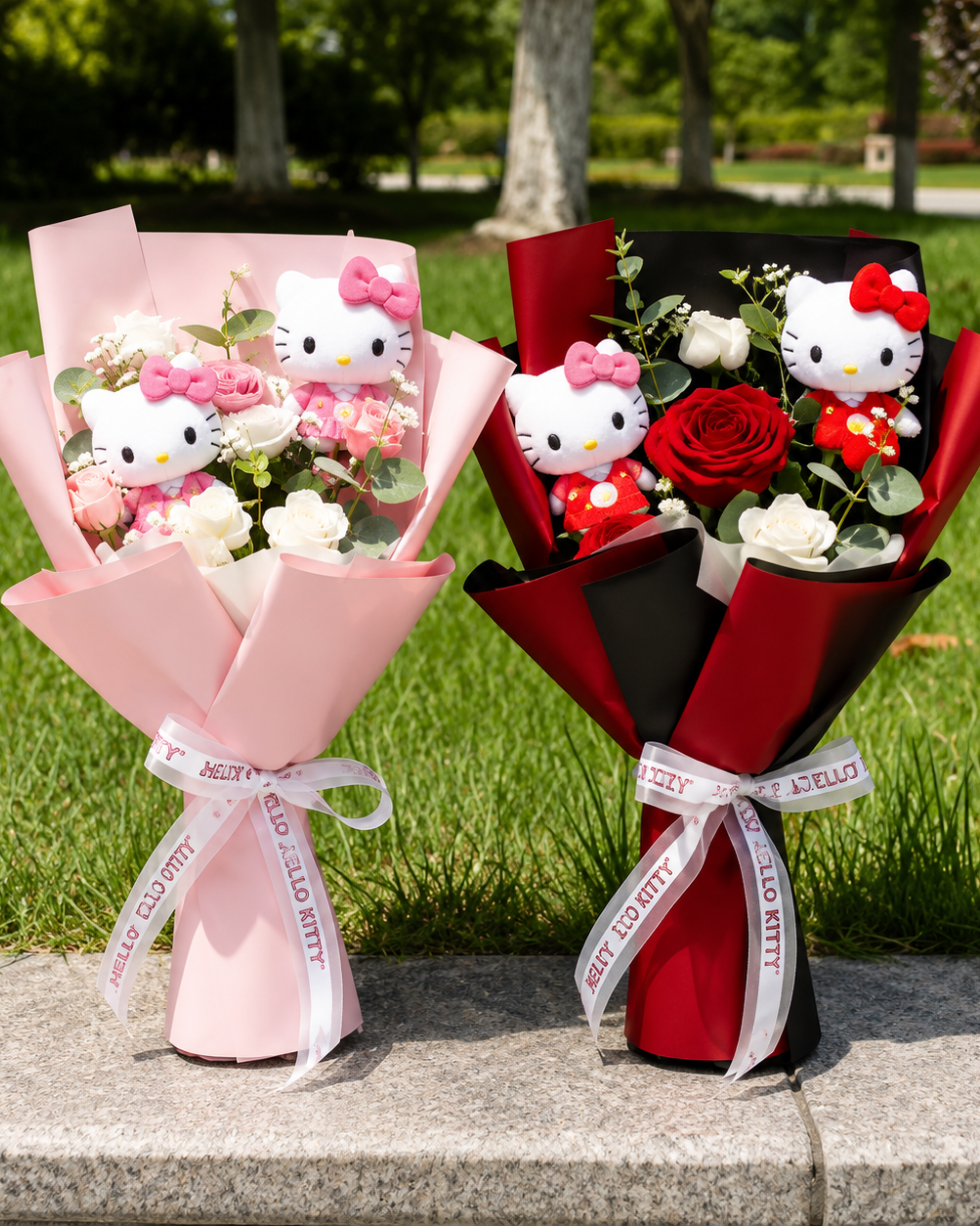 white pink Hello Kitty rose bouquet displayed outdoors as a romantic kawaii gift with plush characters